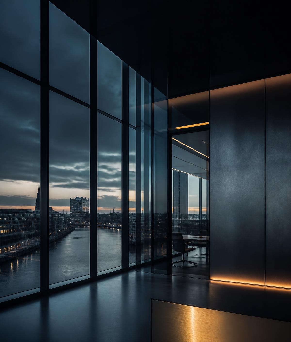 Moderne Kanzleiräume mit Blick über Hamburg in der Abenddämmerung